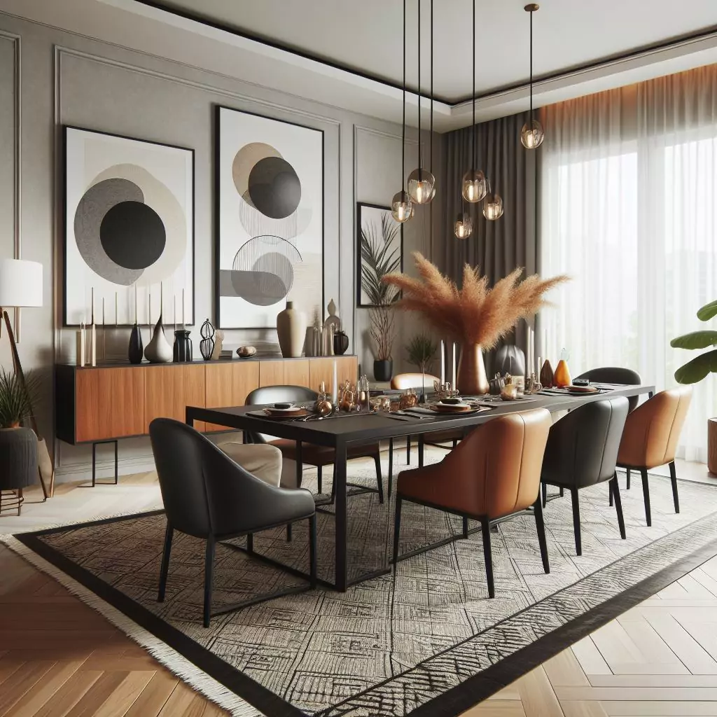 "Dining room featuring a leather rug, showcasing modern style and sophisticated elegance."