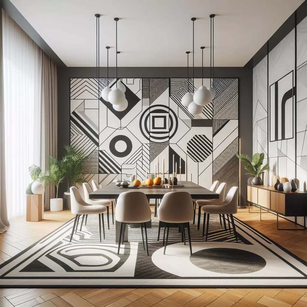 "Dining room adorned with geometric design rugs, featuring bold lines and abstract shapes for a touch of modern sophistication."