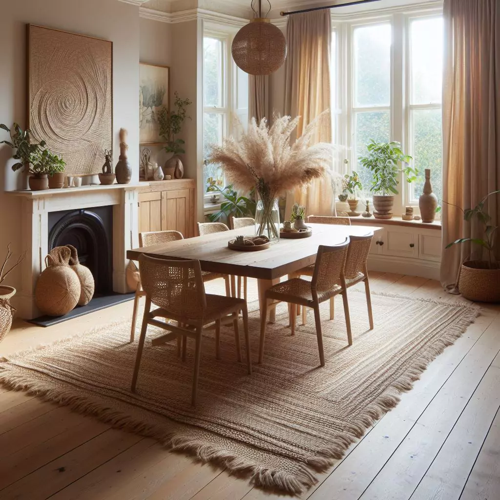 "Dining room adorned with natural fiber rugs, featuring jute, sisal, seagrass, and wool for a warm and organic ambiance."