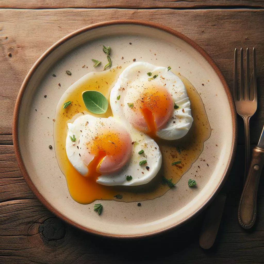 a picture of a plain poached eggs on a plate placed on a empty wooden table