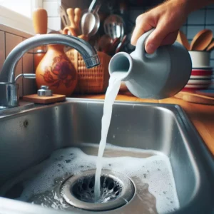 someone pouring hot water down the kitchen sink drain with a jug.