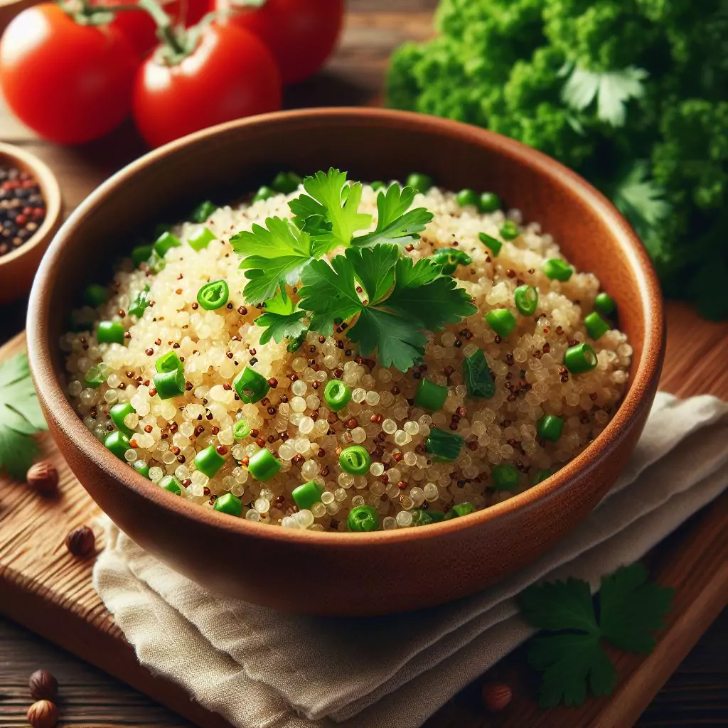 “A bowl of cooked quinoa garnished with fresh green herbs, placed on a wooden surface.