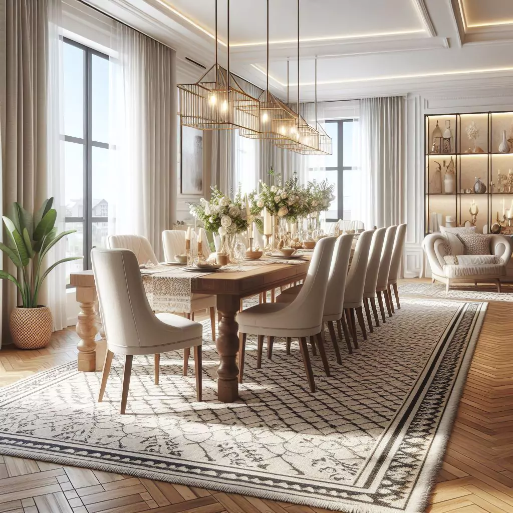 "Dining room featuring chic runner rugs, creating stylish pathways and enhancing the comfort of the space."