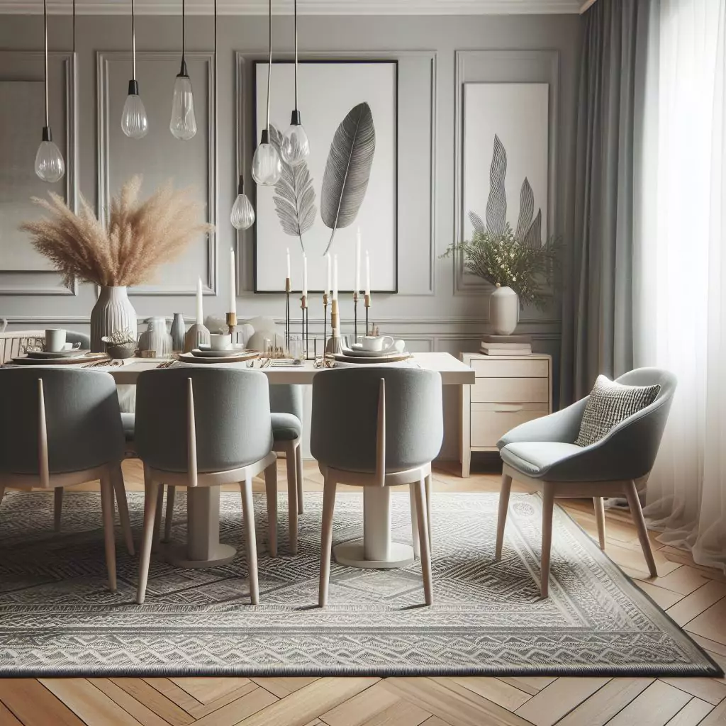 Dining room featuring a Scandinavian design rug, with clean lines and neutral colors for a minimalist and stylish look.