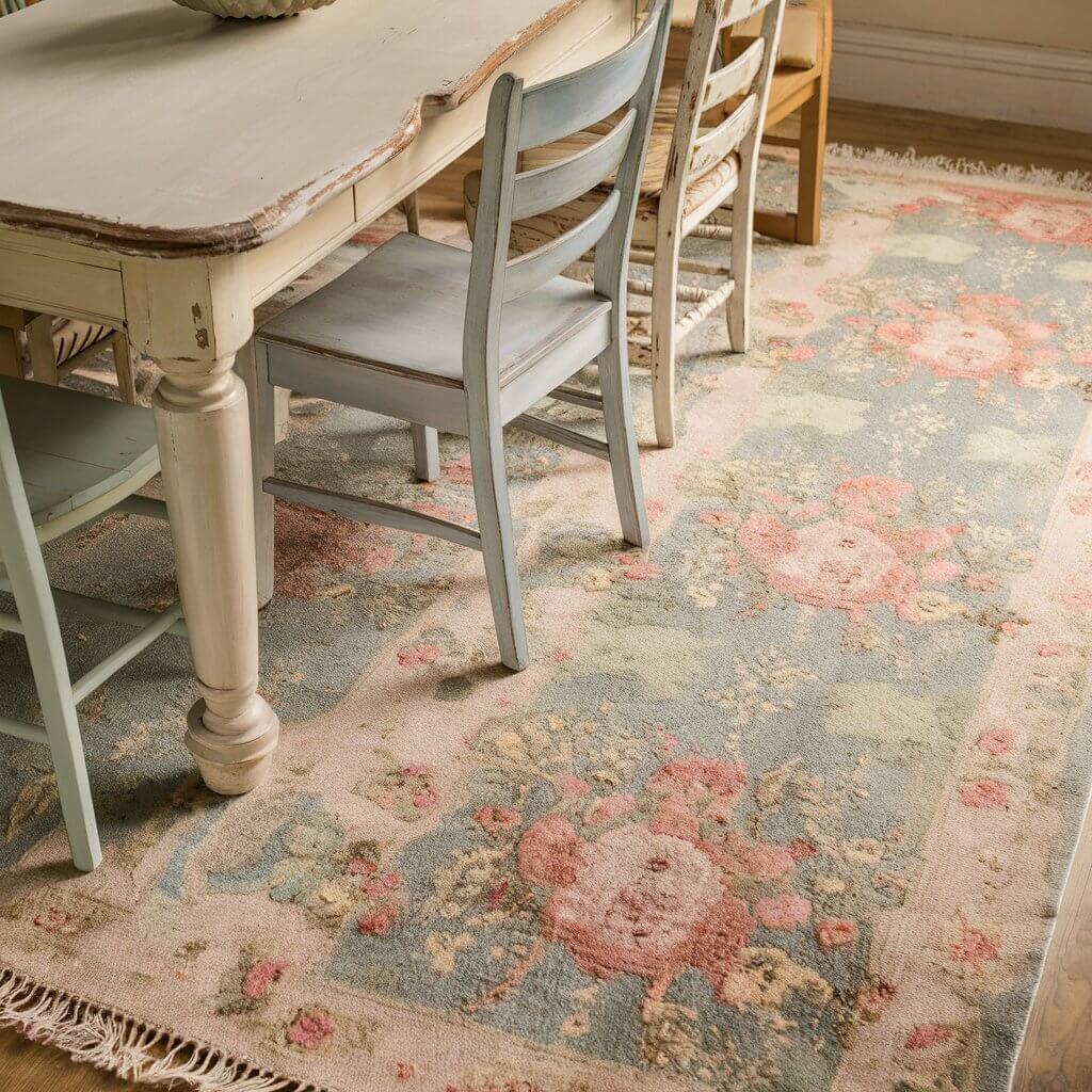 In this cozy and inviting dining room, a large, shabby chic rug with a nostalgic faded floral pattern in soft pastel hues of pink, cream, and light blue serves as the centerpiece. The rug's distressed appearance adds a touch of vintage charm, as if it has gracefully aged over time. The delicate fringe on the edges, though slightly frayed, contributes to the rug's rustic appeal.

The rug is nestled beneath a sturdy wooden dining table, painted in a creamy white with subtle worn edges that reveal hints of the wood beneath. The mismatched chairs, each painted in soft, muted tones harmonious with the rug's palette, surround the table. The overall atmosphere exudes effortless elegance and comfort, enticing guests to stay, savor the warmth, and appreciate the character of the space.