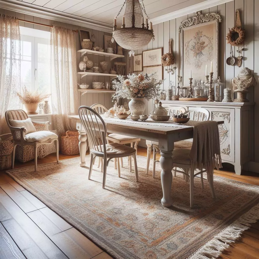 "Dining room featuring a rustic shabby chic style rug, adding charm and coziness to the space."