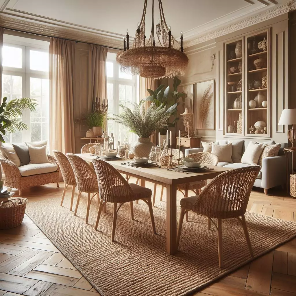 "Dining room featuring sisal or jute rugs, exuding organic beauty and creating a warm, inviting atmosphere."