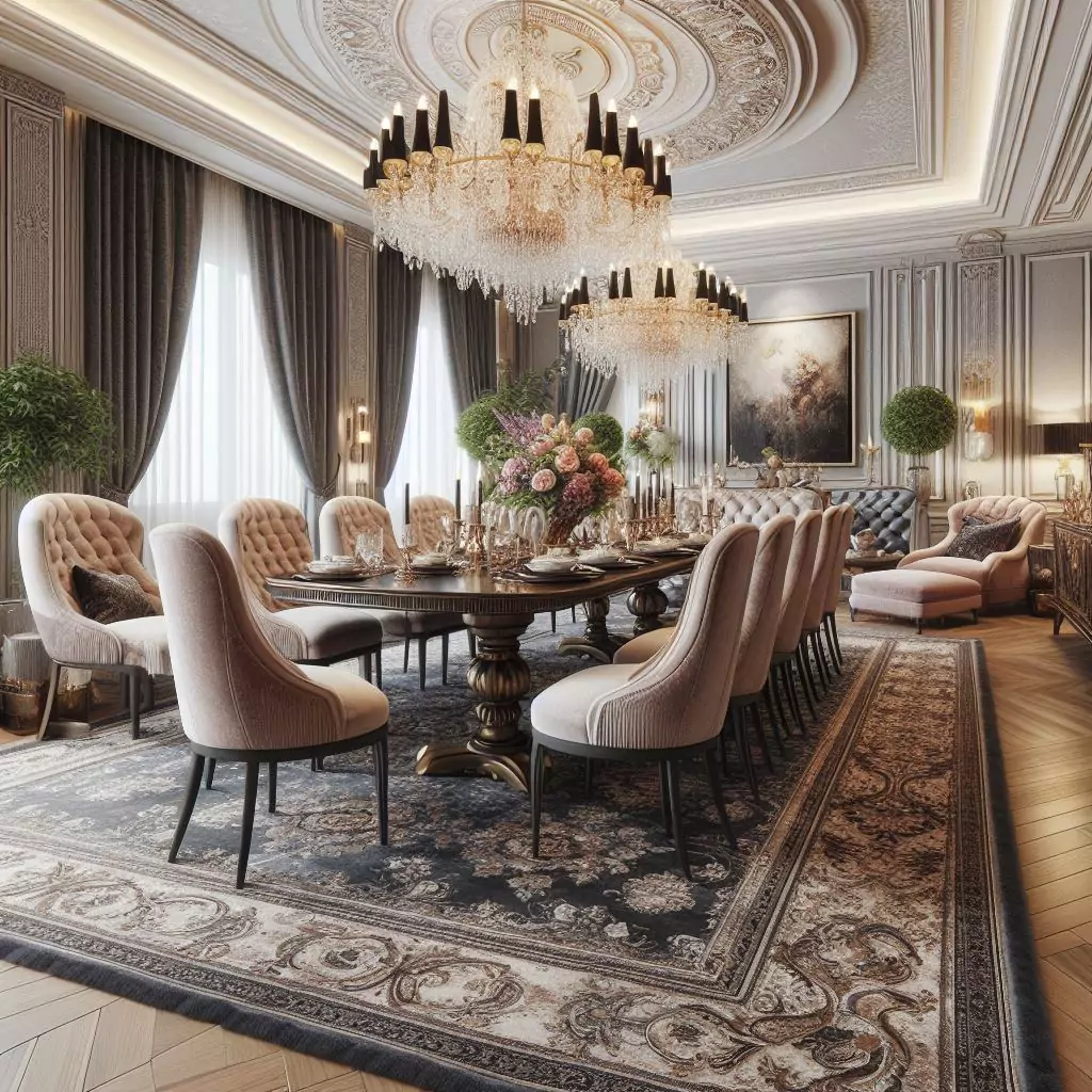 "Dining room featuring sumptuous velvet rugs, adding luxury and sophistication to the elegant living space."