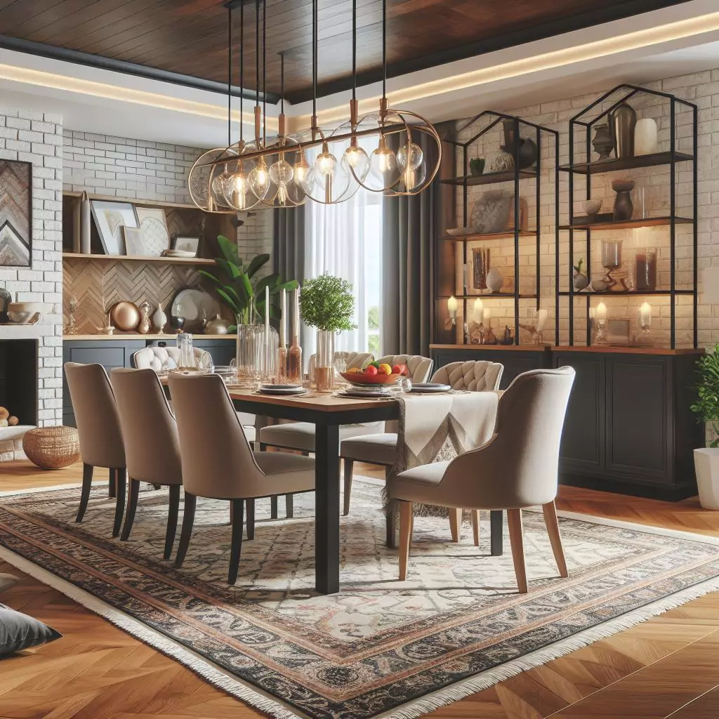 "Dining room adorned with synthetic rugs, showcasing durability, versatility, and budget-friendly design options."