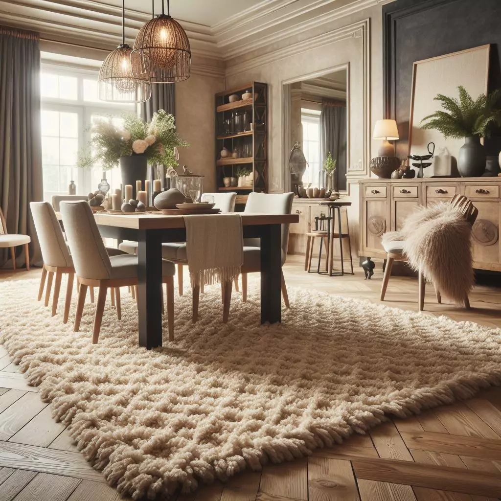 "Dining room with textured rugs adding interest and depth, featuring shaggy, fluffy, or rough-hewn sisal for a cozy and inviting space."