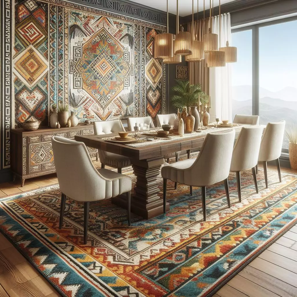 "Dining room featuring a vibrant tribal or Aztec design rug, adding personality and cultural richness to the space."
