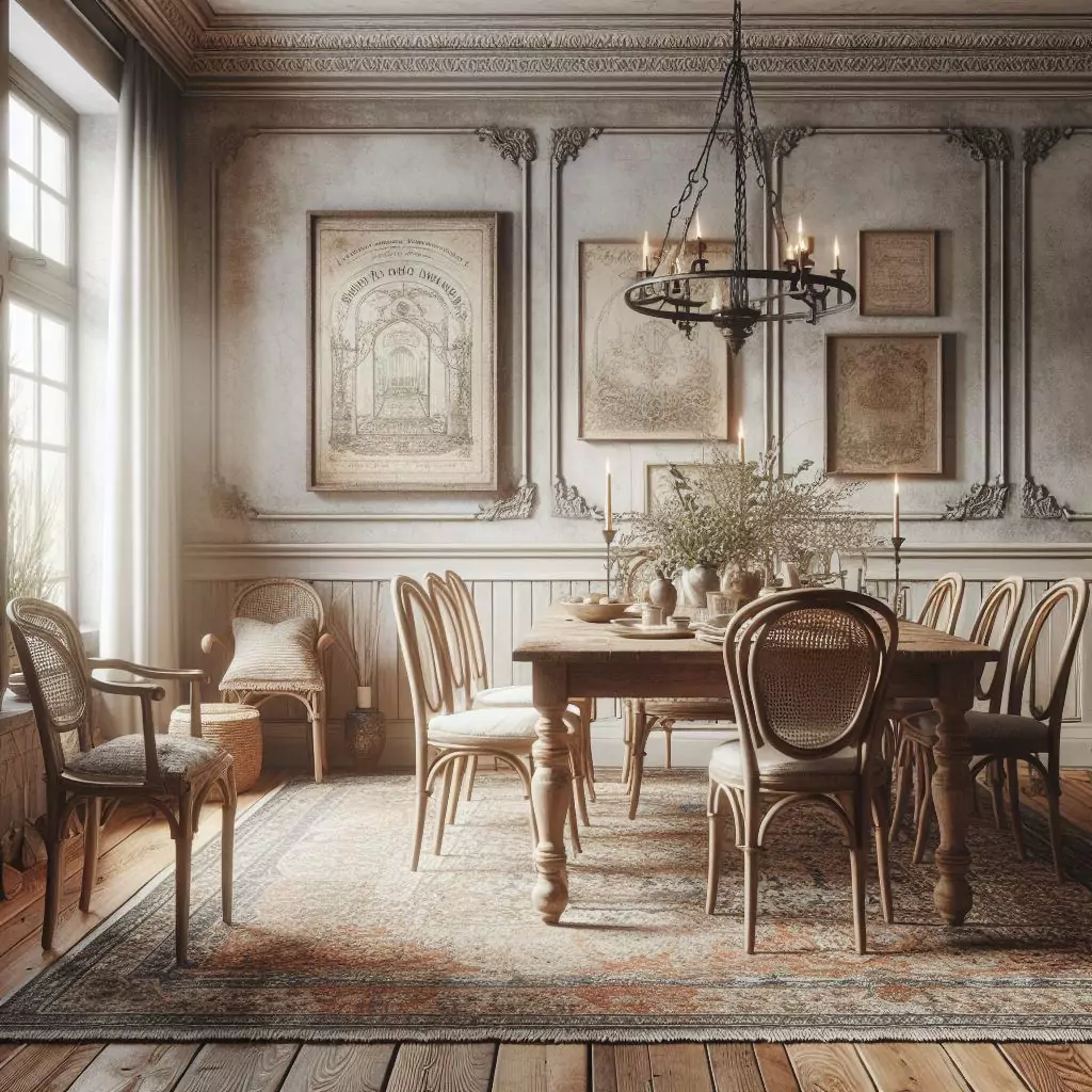 "Dining room with a faded or distressed rug, emanating vintage charm and rustic warmth, creating an inviting and timeless ambiance."