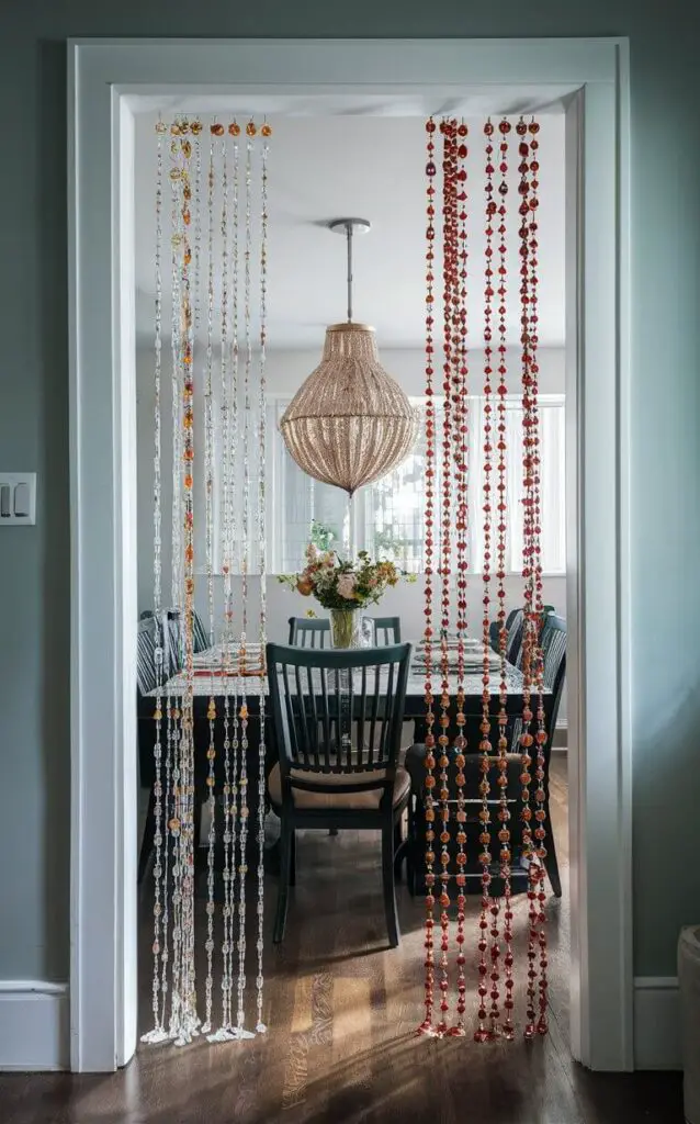 A dining room doorway adorned with beaded curtains, ranging from simple to elaborate designs. The beads reflect light, adding a playful and bohemian touch to the dining room's ambiance.