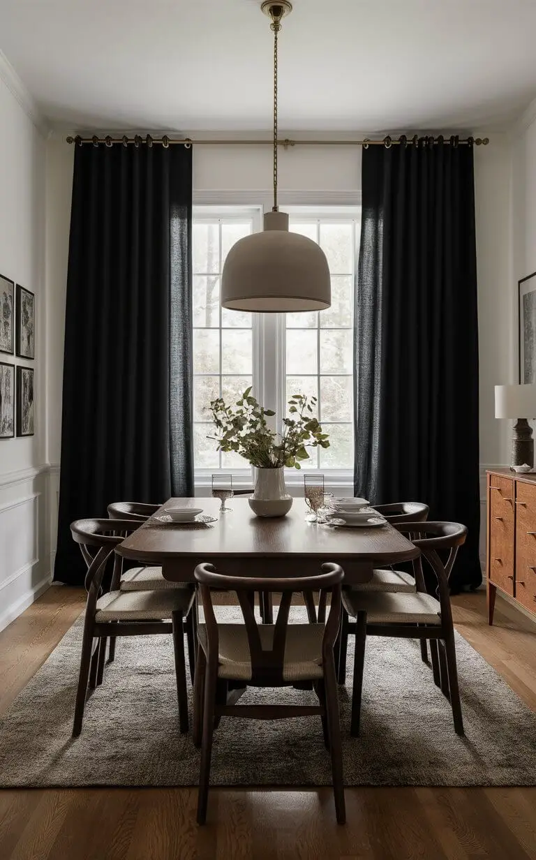 A dining room equipped with blackout curtains, ensuring privacy and light control. The heavy-duty and opaque materials, such as foam-backed polyester or thick cotton, block out light and reduce noise. The curtains are ideal for a dining room exposed to direct sunlight or for those who prefer a darker dining atmosphere.