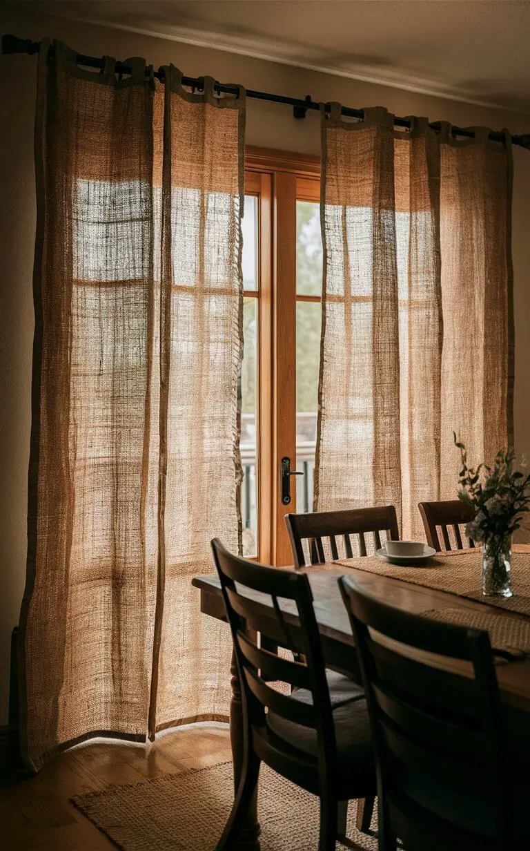 A dining room showcasing rustic burlap curtains, made from coarse woven fabric. The natural texture and earthy tones of the burlap add warmth and a unique touch to the space. The curtains are paired with wooden furniture and decor, creating a cozy and inviting rustic ambiance.