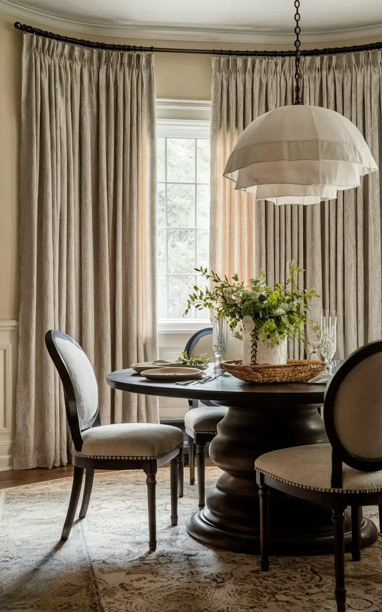 A dining room featuring soft and plush chenille curtains, creating a cozy and inviting ambiance. The textured and velvety appearance of the chenille fabric adds warmth and comfort to the space, complementing the room’s traditional or transitional decor.