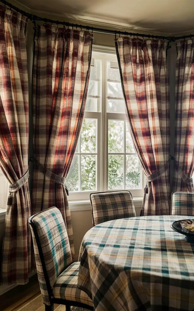 A dining room adorned with cozy plaid curtains, adding warmth and traditional charm. The curtains feature classic plaid patterns in various colors, creating a comfortable and inviting atmosphere. The room decor includes coordinating prints, such as a plaid tablecloth, for a cohesive look.