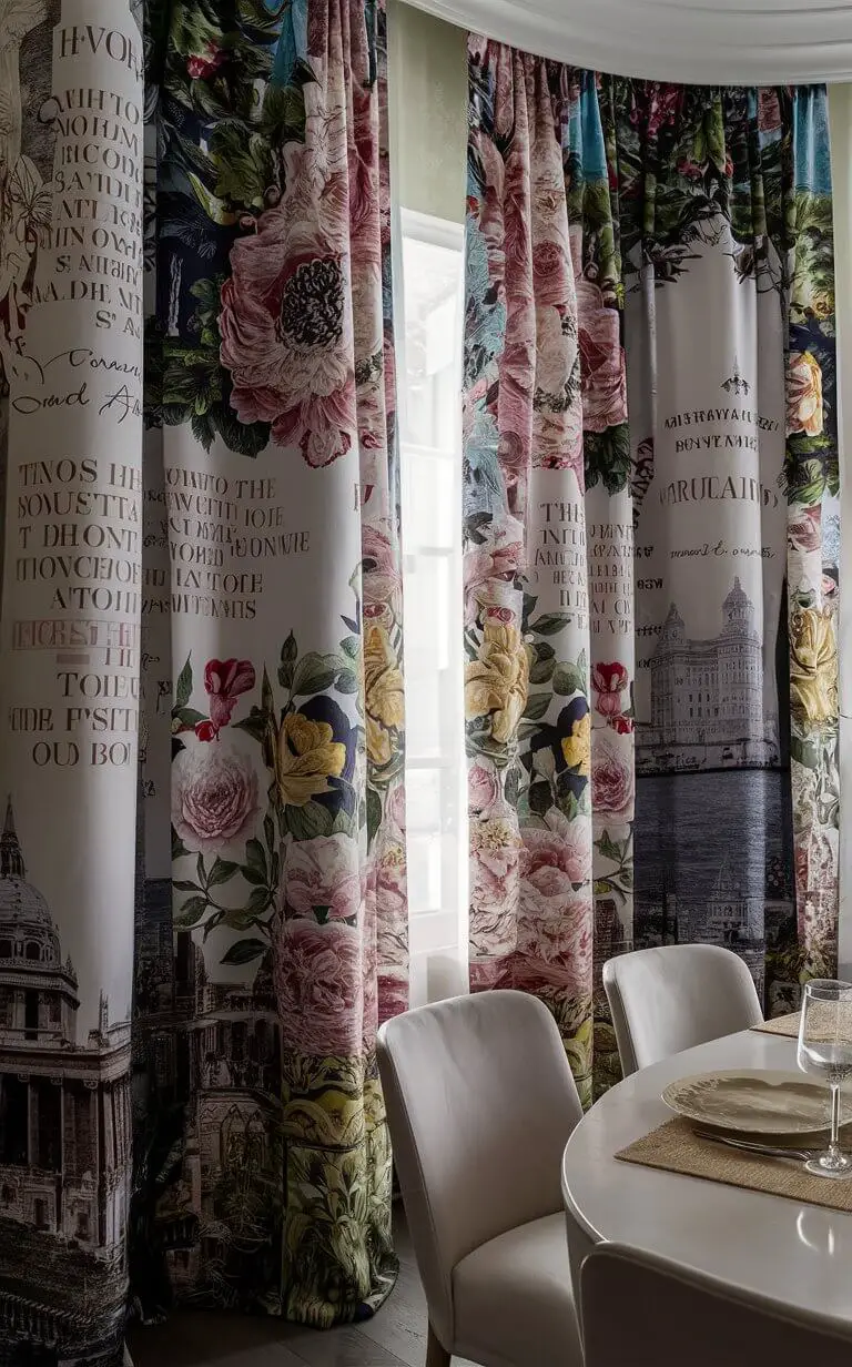 A dining room showcasing custom-printed curtains with unique designs and personalization. The curtains reflect the owner’s individual style, featuring distinctive patterns or images that add a stylish and individualized touch to the space.