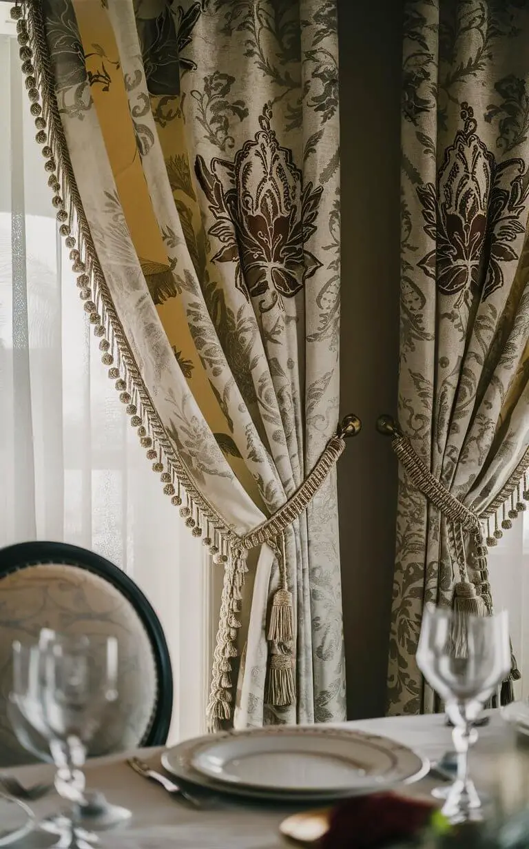 A dining room showcasing elegant damask curtains with intricate woven patterns. The curtains are made of silk, cotton, or synthetic fabrics, featuring designs of flowers, leaves, or other decorative elements. The damask curtains add a sophisticated and luxurious touch to the room.