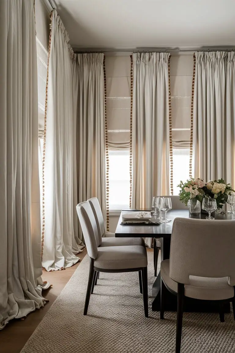 A dining room adorned with floor-to-ceiling elegant drapes made from luxurious materials like silk, velvet, or taffeta. The drapes are in neutral shades, creating a calm and sophisticated atmosphere. Thermal lining is visible on the backside of the drapes, enhancing their functionality in regulating room temperature.