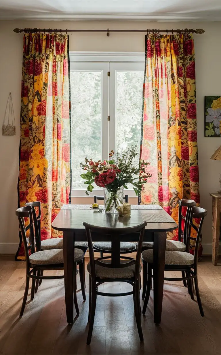 A dining room brightened by floral curtains, infusing the space with nature’s beauty. The curtains feature vibrant floral patterns that create a warm and inviting atmosphere.