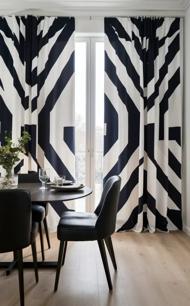 A modern dining room featuring bold geometric curtains with striking patterns. The curtains add a touch of contemporary edge to the space, complementing the room’s chic decor. The patterns create a graphic and dynamic feel, making the curtains a focal point.