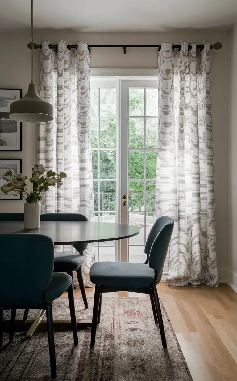 A dining room adorned with modern grommet curtains, known for their contemporary and stylish design. The curtains hang from a sleek rod, adding a fashionable touch to the space while ensuring ease of use.