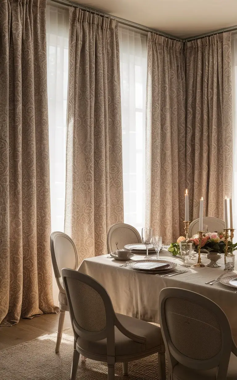 A warm and inviting dining room with floor-to-ceiling insulated curtains that add a touch of luxury and comfort. The curtains, made from high-quality foam-backed polyester or heavy-duty cotton fabric, are designed to effectively regulate temperature and minimize heat loss or gain. The soft, cozy ambiance is further enhanced by the beautiful, intricate pattern on the curtains, which filters soft natural light into the room. The dining table is elegantly set with fine china, silverware, and candles, creating an intimate and welcoming atmosphere for family gatherings and memorable meals.