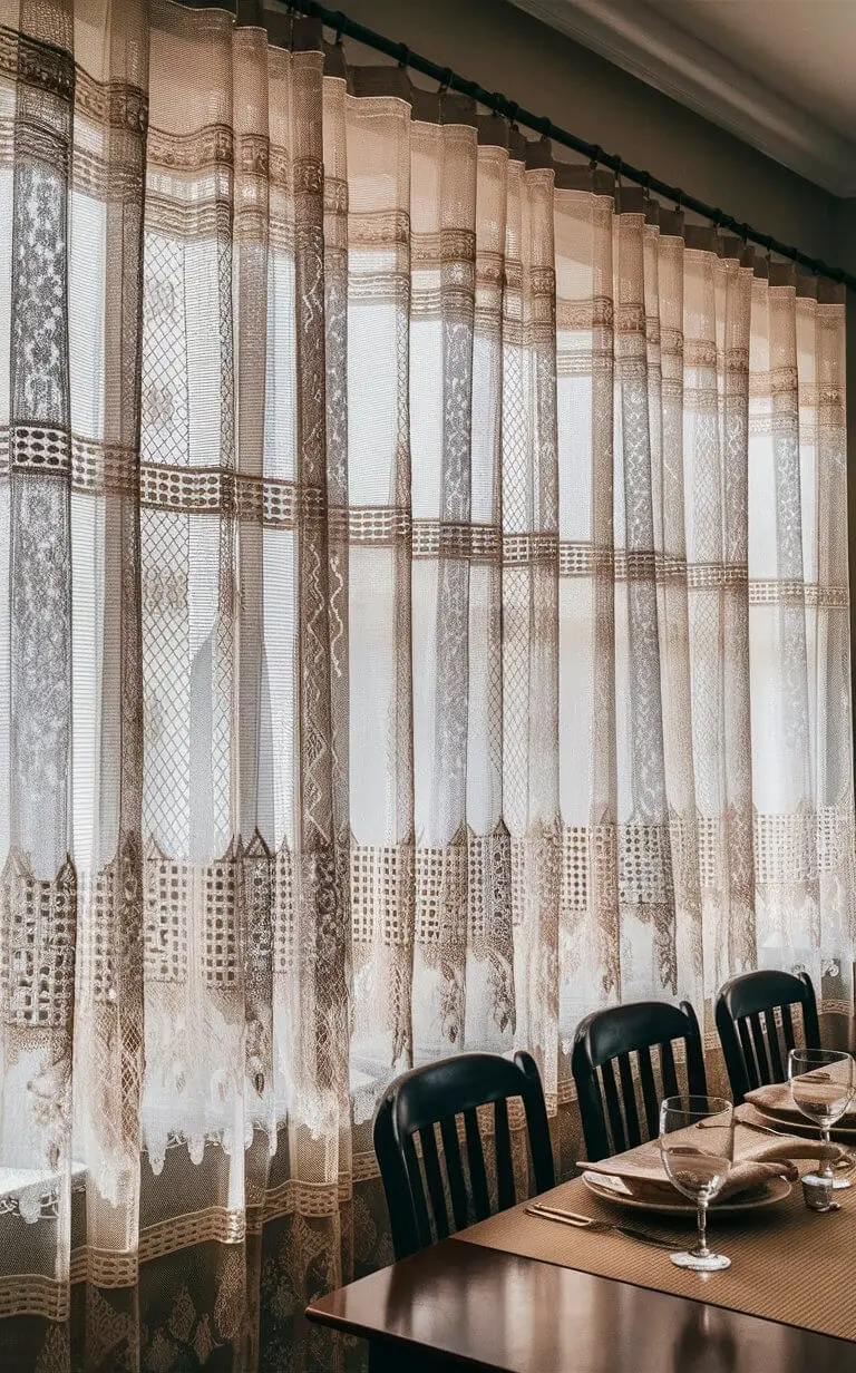 A full image of dining room space adorned with windows treatments like delicate lace curtains, featuring intricate patterns of woven threads. The vintage charm of the lace adds an elegant touch to the room. The curtains provide a balance between privacy and natural light, contributing to a warm and inviting dining space.