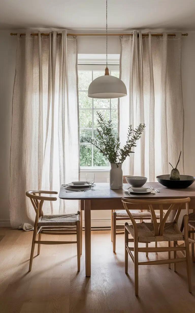 A dining room with chic linen curtains that create a light and airy atmosphere. The soft and durable linen fabric adds warmth and sophistication to the space. The curtains are in a neutral color, blending seamlessly with the room’s minimalist decor.