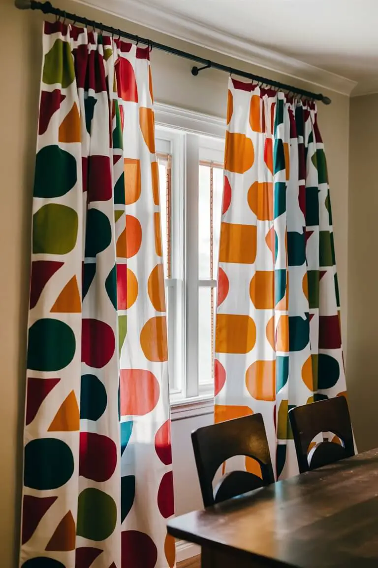 A dining room featuring bold patterned curtains with vibrant geometric shapes. The curtains are hung on a neutral-colored rod, allowing the patterns to stand out. The room decor is subtle to highlight the curtains as the focal point, showcasing a playful and eclectic interior design.