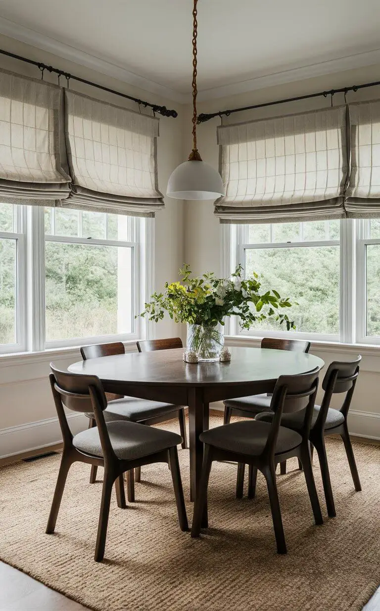 A dining room with roman shade curtains. The shades are drawn halfway, allowing controlled natural light into the room.