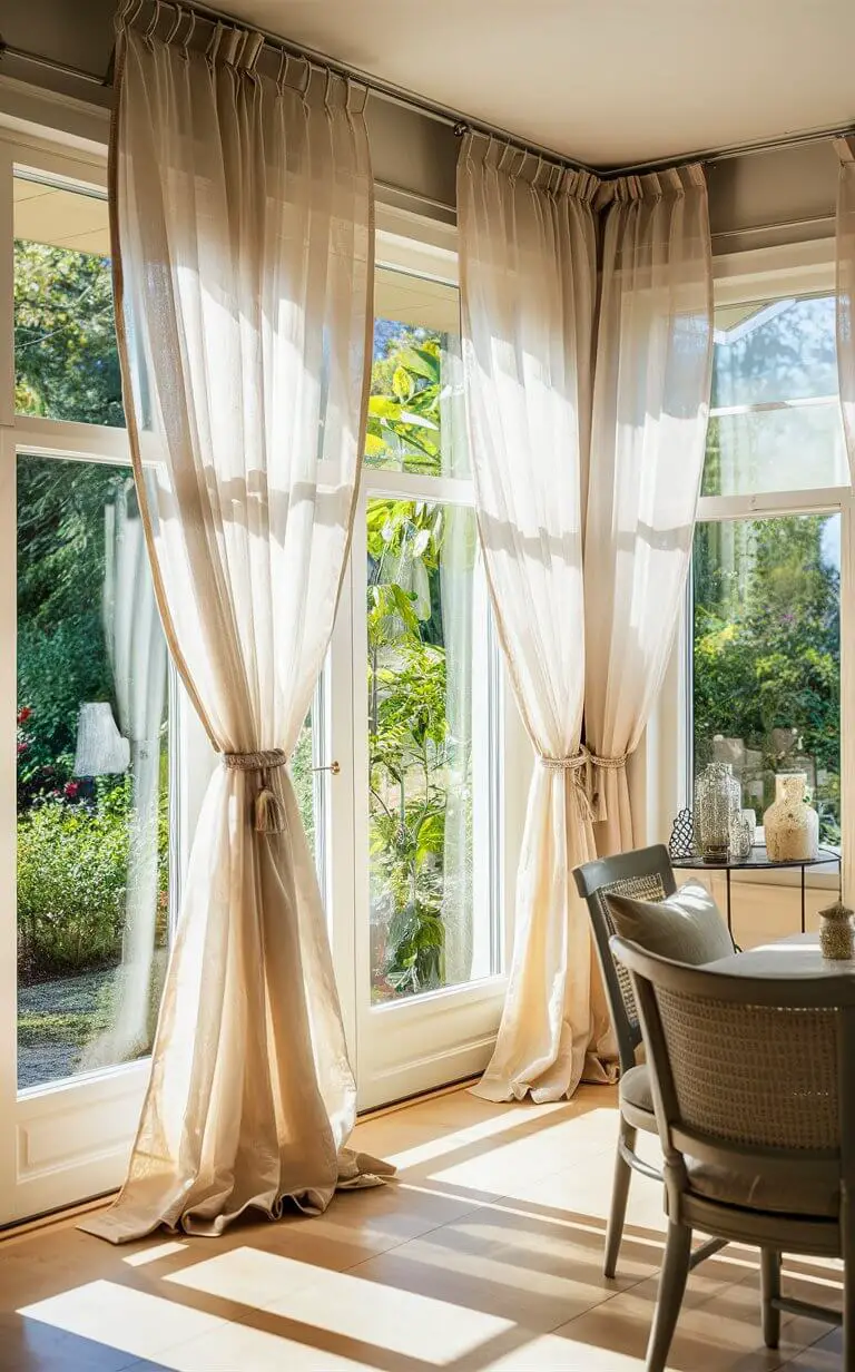 A bright and cozy dining room with large windows offering a view of a lush garden. Sheer curtains hang gracefully, filtering natural light and creating an airy and elegant atmosphere. The room features a wooden chair with a cushion and a small table with decorative items.