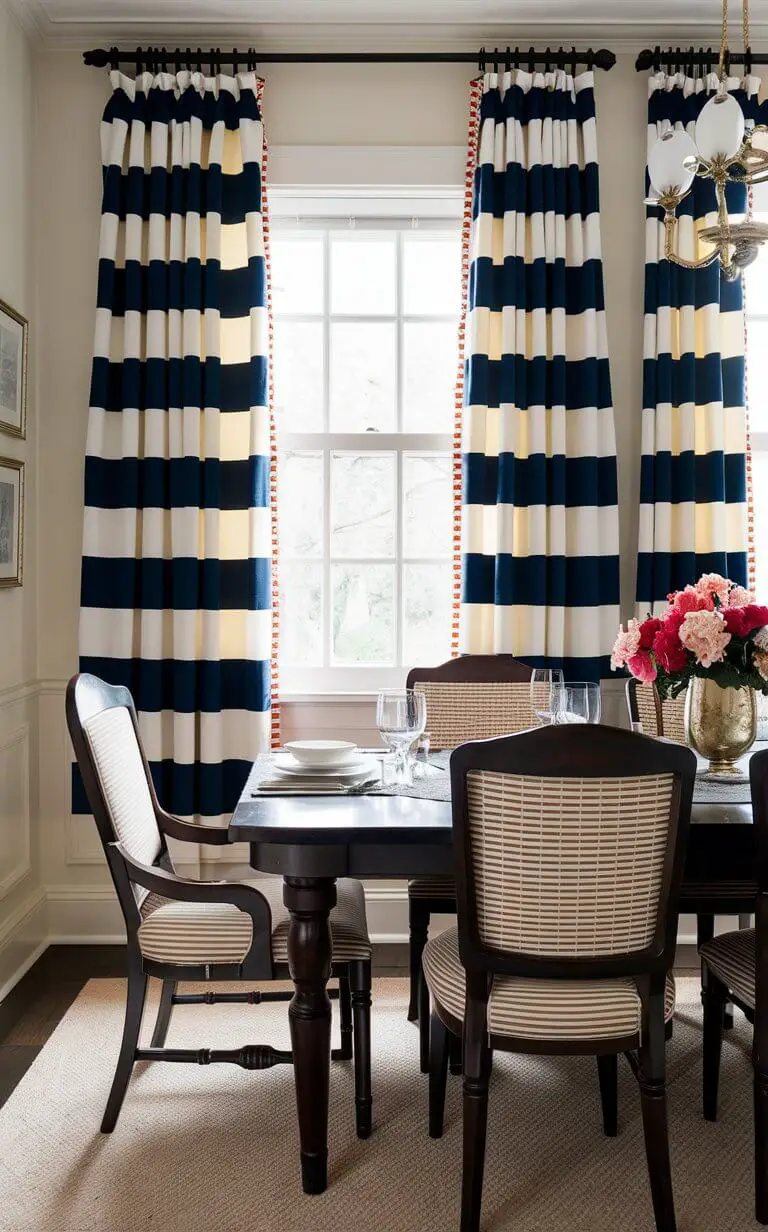 A dining room adorned with classic striped curtains, adding a touch of preppy charm. The curtains feature bold or subtle stripes in various colors, enhancing the room’s traditional or contemporary aesthetic. The stripes create a visually appealing and timeless look.