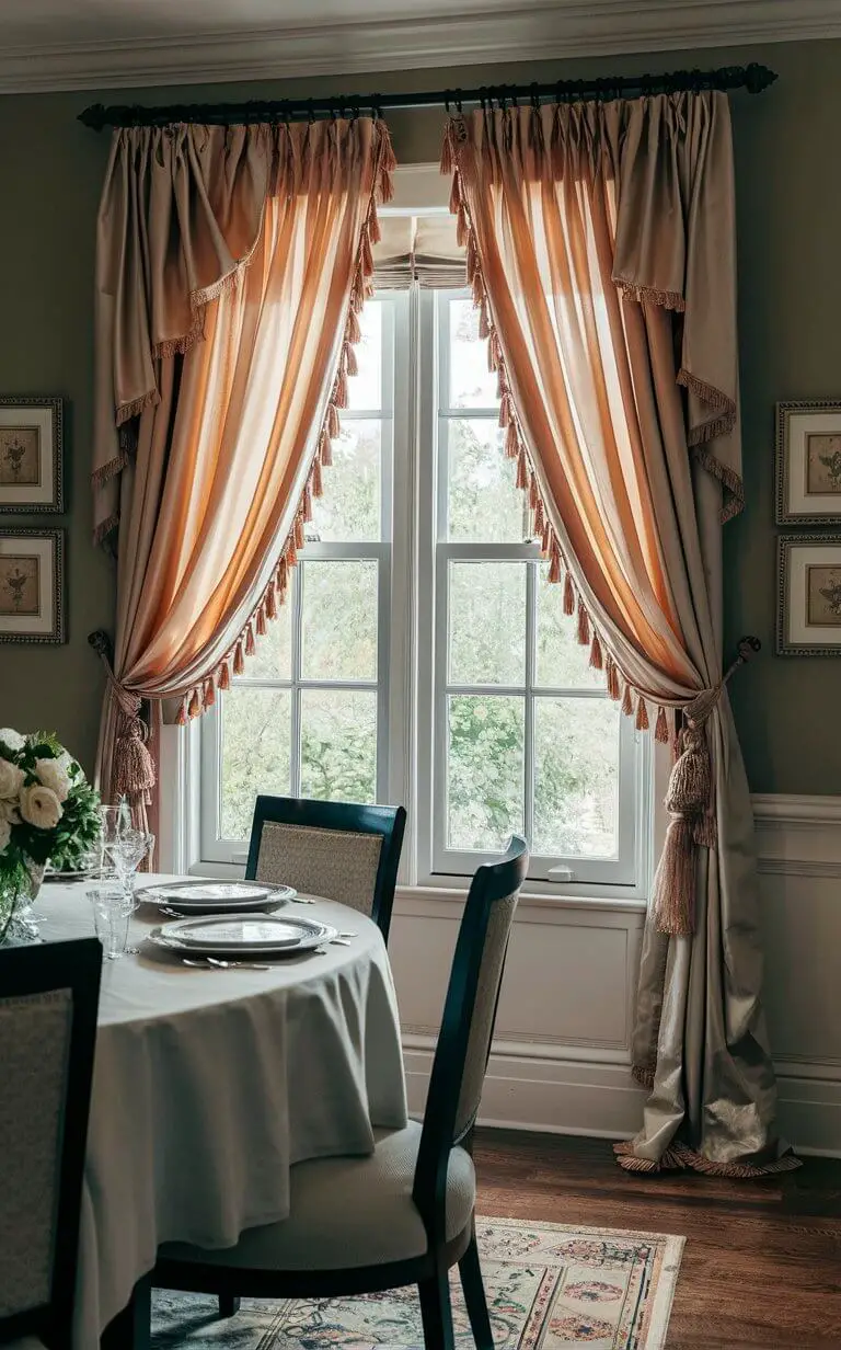 A dining room with swag curtains draped gracefully over a single rod. The fabric cascades elegantly down each side of the window, creating a sophisticated and timeless look. The curtains are made from rich materials like silk or polyester, complementing the traditional decor of the room.