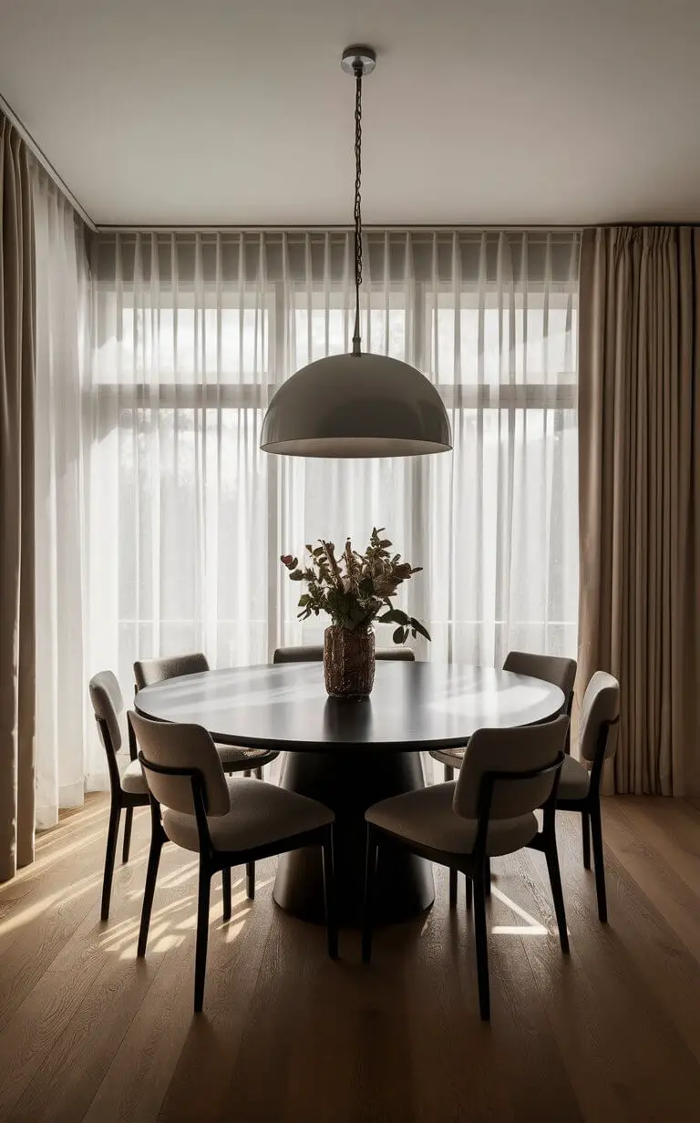 A dining room illuminated with natural light filtered through sheer curtains