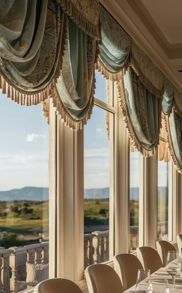 A captivating image of a luxurious dining room, where decorative valances gracefully frame the windows, adding an air of sophistication and elegance. The valances, adorned with intricate patterns and subtle colors, harmoniously blend with the room's decor, creating a cohesive and visually appealing atmosphere. The unobstructed view of the picturesque landscape outside only serves to enhance the dining experience, making it a perfect setting for a memorable meal.