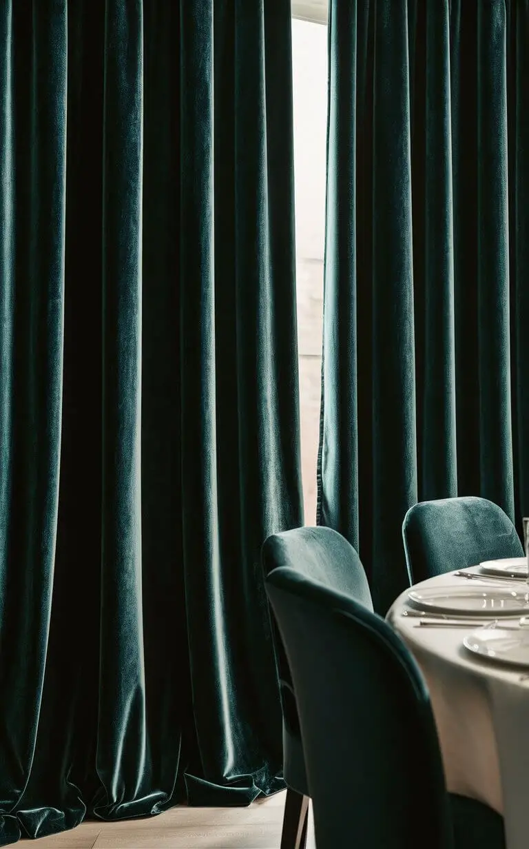 A dining room featuring sumptuous velvet curtains in a rich, dark hue like navy or emerald. The luxurious and soft velvet fabric creates an elegant and warm ambiance, complementing the sophisticated decor of the room. The curtains are floor-length, adding to the opulent feel.