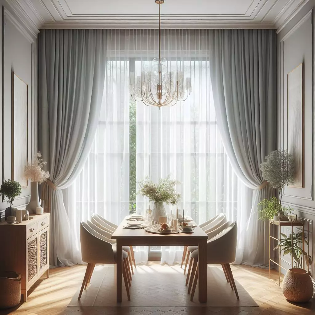"Dining room featuring transparent sheers made from light and airy fabrics like linen or voile, allowing ample natural light while ensuring privacy. Layered with heavier drapes for added texture and privacy."