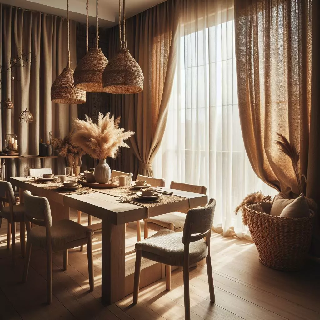 "Dining room featuring rustic burlap curtains, crafted from coarse woven fabric. The natural texture adds warmth and a unique touch to the space."