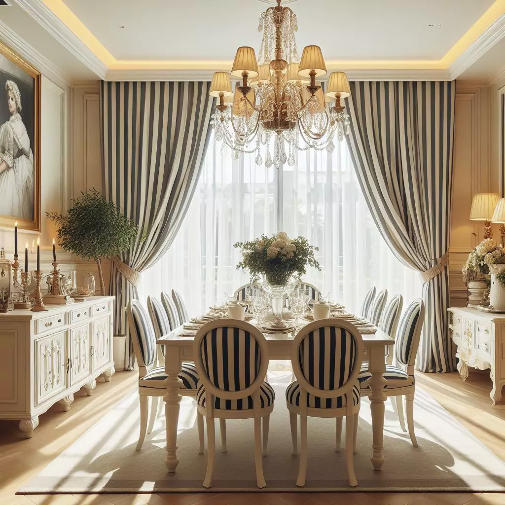 "Dining room adorned with classic striped curtains, adding a touch of preppy charm."
