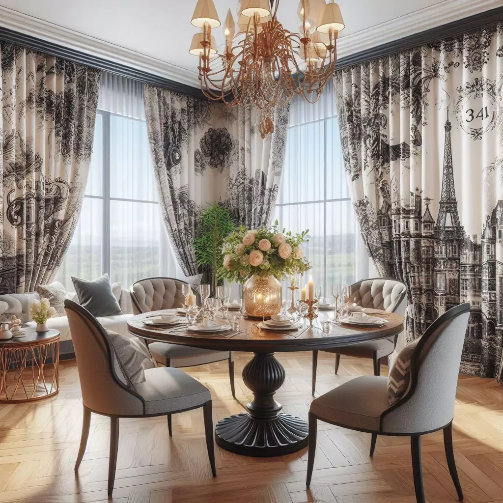 "Dining room showcasing custom printed curtains, featuring unique designs and personalization for a stylish and individualized touch."