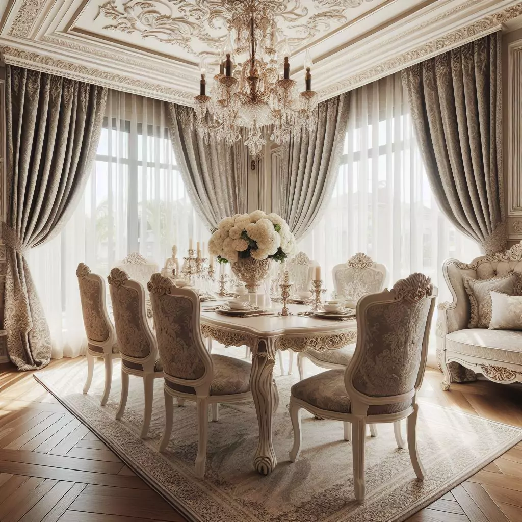 "Dining room adorned with elegant damask curtains, showcasing intricate patterns and sophisticated design."