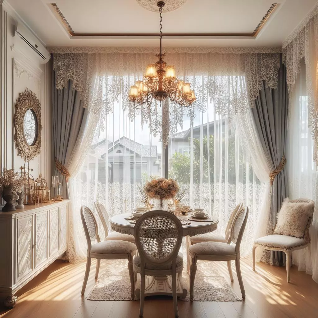 "Dining room adorned with delicate lace curtains, adding vintage charm and offering flexibility in privacy and light control."