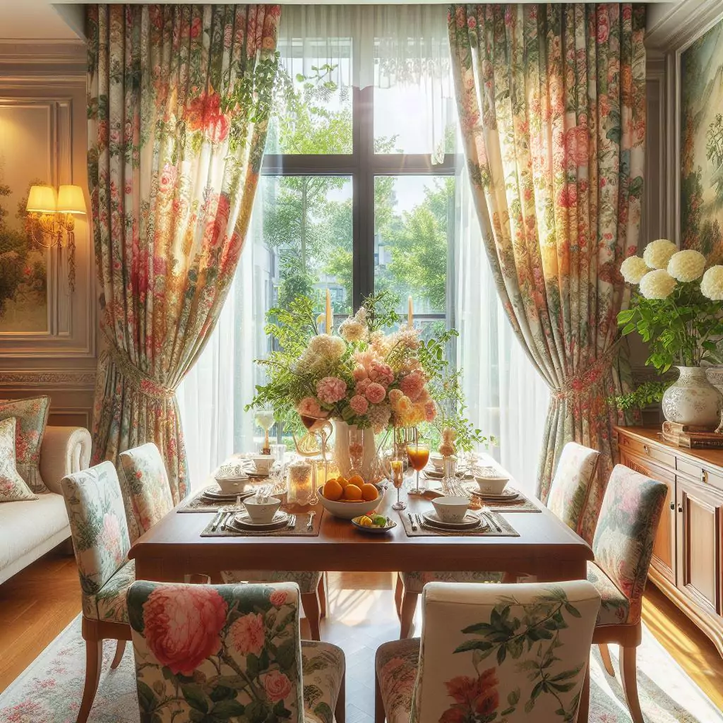 "Dining room brightened by floral curtains, infusing nature's beauty for a warm and inviting atmosphere."