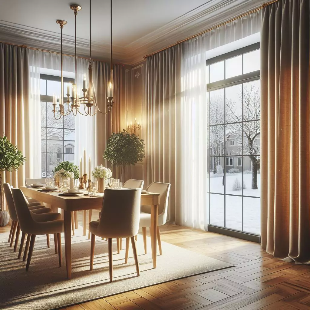 "Dining room featuring insulated curtains, promoting energy efficiency, comfort, and a tranquil ambiance."