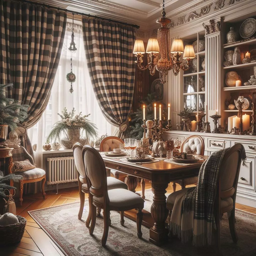"Dining room adorned with classic comfort, featuring cozy plaid curtains."