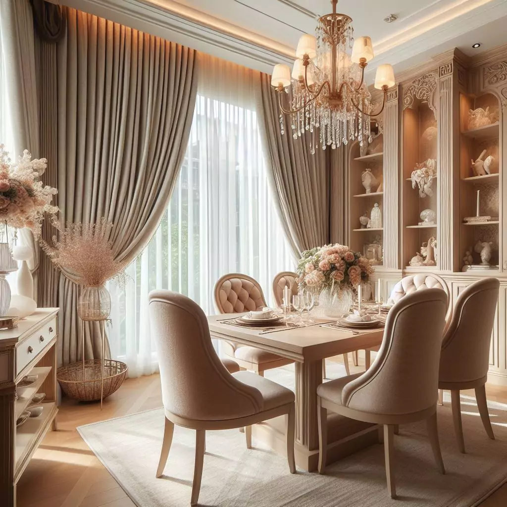 "Dining room featuring soft and plush chenille curtains, creating a cozy and inviting ambiance for an elegant dining experience."