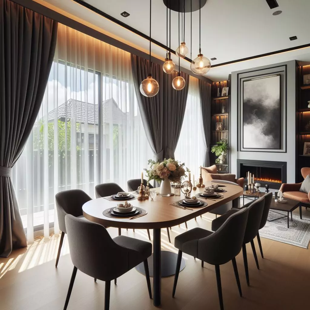 "Dining room featuring blackout curtains, ensuring privacy, light control, and energy efficiency."