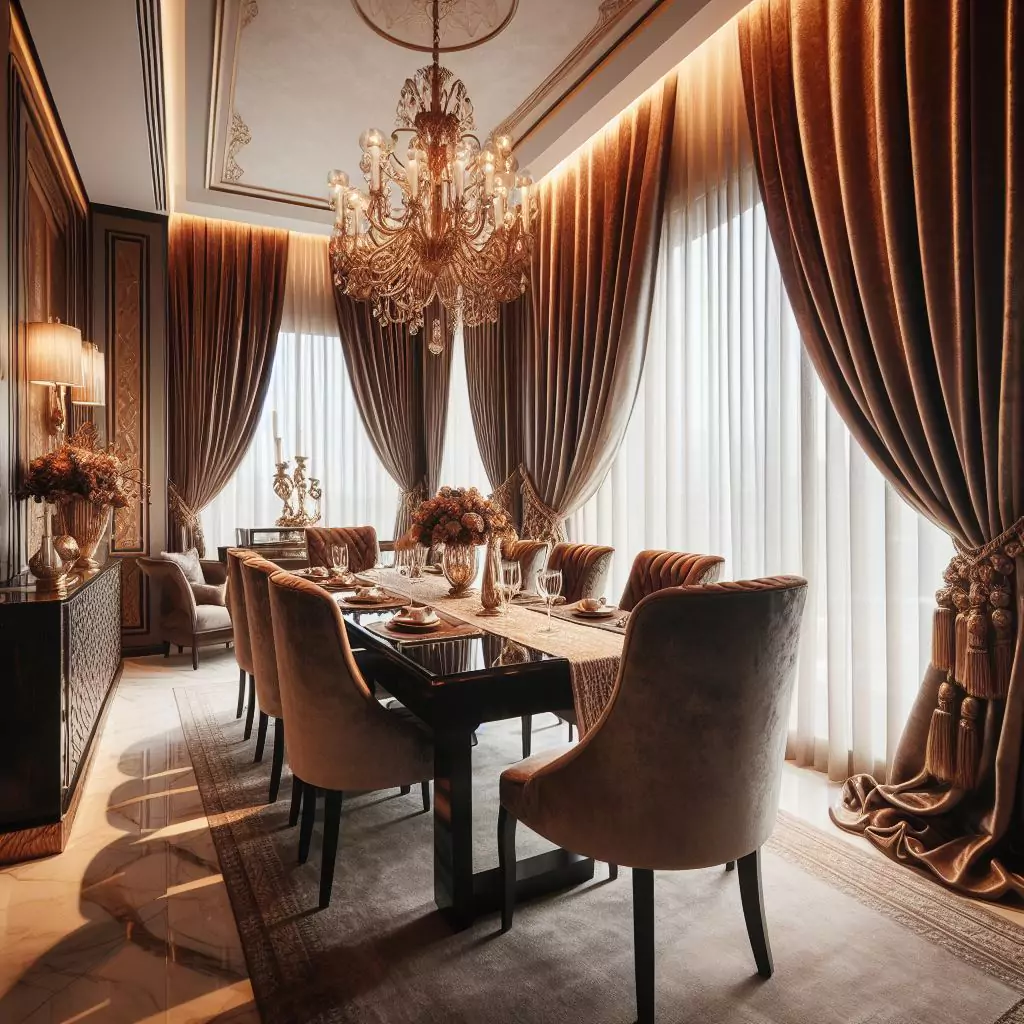 "Dining room featuring sumptuous velvet curtains, creating an elegant and warm ambiance. The rich and soft fabric adds sophistication, complementing various decor styles."
